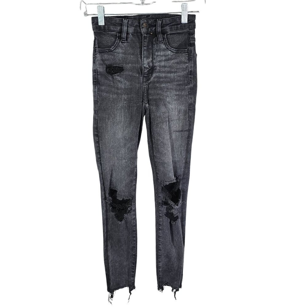 Womens Black American Eagle Super Hi Rise Jegging Crop Jeans Distressed Size 000